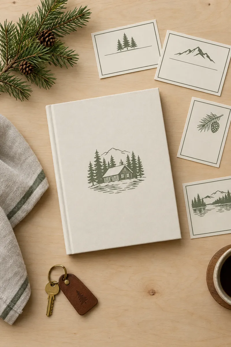 Printed cabin welcome book, small signs, a brass key and a pine sprig on a birch table