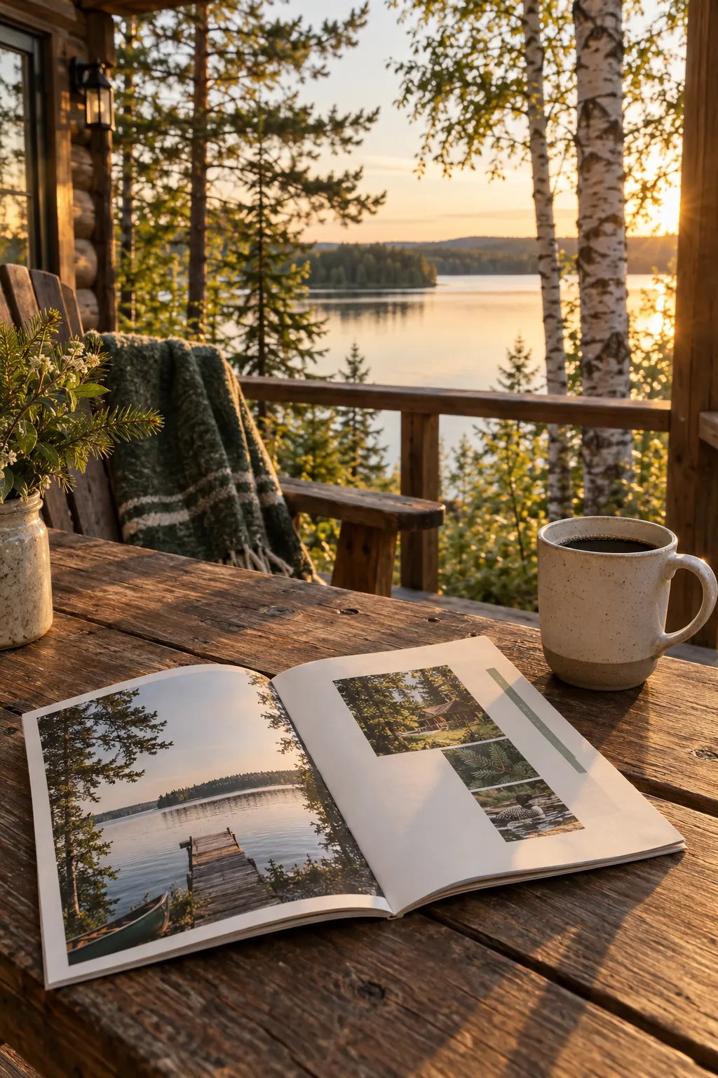 Lake cabin porch at golden hour with a guest welcome book and coffee on a wooden table