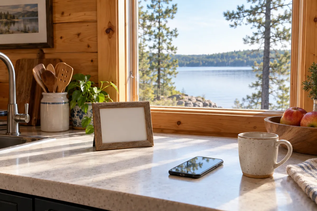 Bright cabin kitchen with a lake view and a small framed sign on the counter